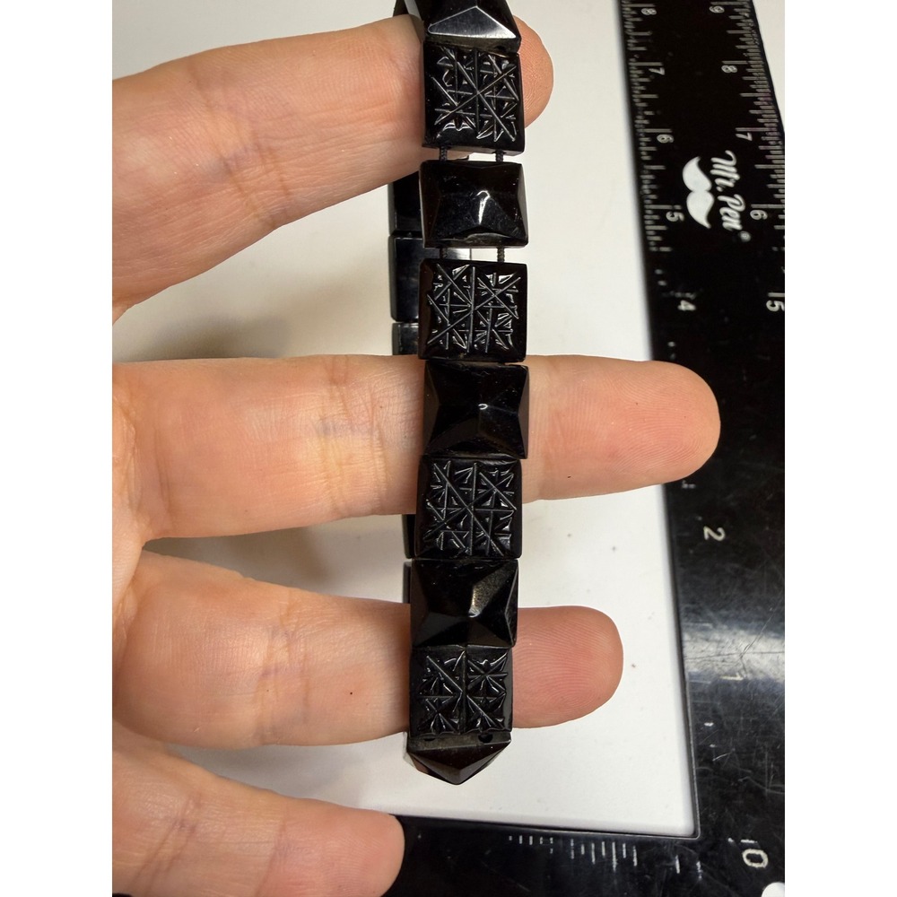 Black Carved Geometric Pyramid Stud Stretch Bracelet Gothic Punk Boho Accessory